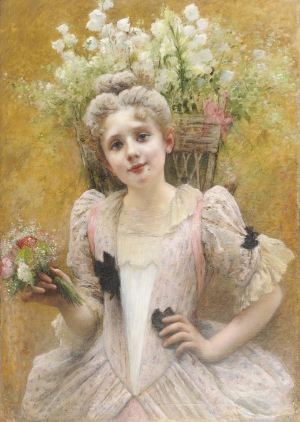 Cute girl with flowers by Valentine Cameron Prinsep